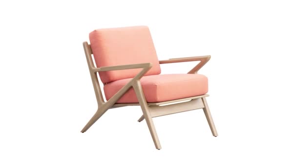 Circular animation of mid-century pink fabric upholstery apartment chair. Wooden base chair on white background. Mid-century, Modern, Scandinavian interior. 3d render - Footage, Video