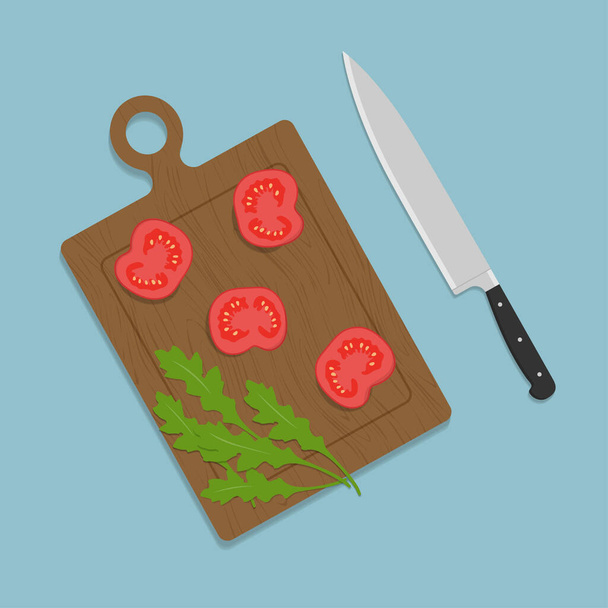Кухонный нож и разделочная доска с помидорами и листьями салата. Плоский стиль. - Вектор,изображение