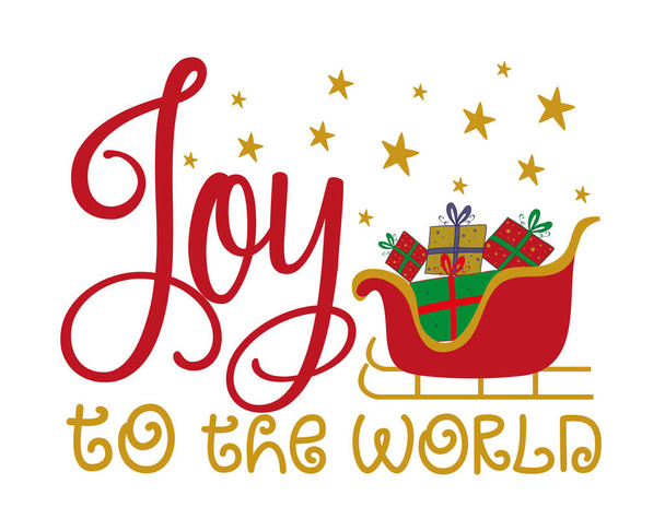 Радость миру - нарисованные вручную подарочные коробки в санях. Хорошо подходит для рождественского украшения, плаката, открытки, этикетки текстильной печати. - Вектор,изображение