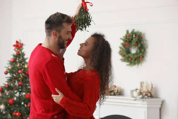 Lovely couple under mistletoe bunch in room decorated for Christmas - Фото, зображення