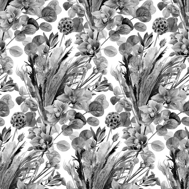 monochromatyczne czarno-białe tekstylne bezszwowe wzory z ziół i kwiatów storczyków - Zdjęcie, obraz