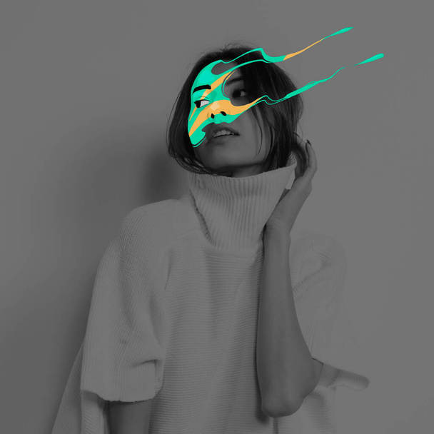 Conceptual image with black and white portrait of young girl with bright colored spots on her face. Concept of mental health, dreams, imagination - Φωτογραφία, εικόνα