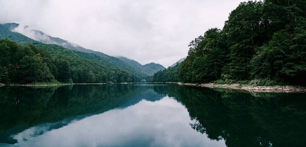 Biogradska Gora公園の緑の森に囲まれた湖。モンテネグロ - 写真・画像