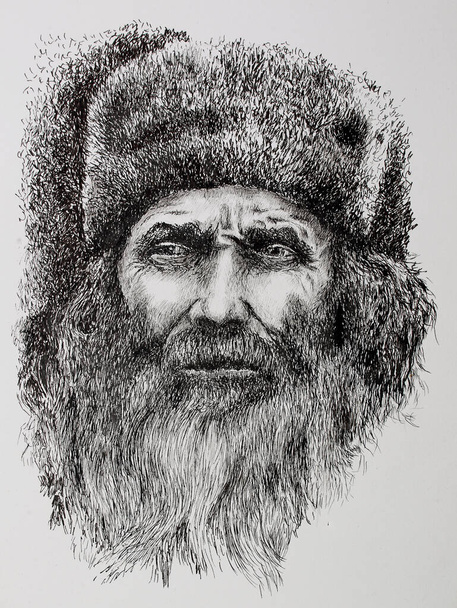 Kalemle çizilmiş yaşlı bir adamın portresi. - Fotoğraf, Görsel