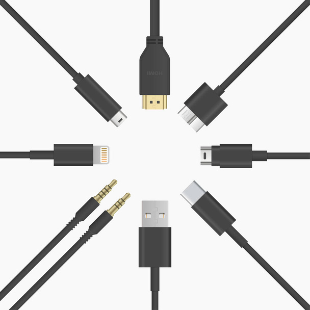  Siyah Kablolar Yuvarlak USB HDMI Şimşek Tipi C Mini B Mini Jack vektör çizimi - Vektör, Görsel