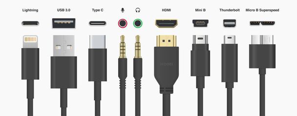  Czarne kable Przewody USB HDMI Lightning Typ C Mini B Mini Jack wektor ilustracji - Wektor, obraz