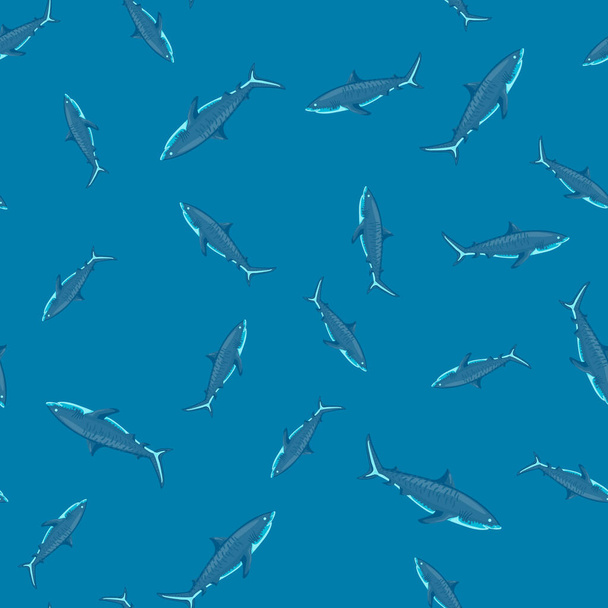 Naadloos patroon Tijgerhaai blauwe achtergrond. Textuur van zeevissen voor elk doel. Willekeurige sjabloon voor textiel ontwerp. Eenvoudige vector ornament. - Vector, afbeelding