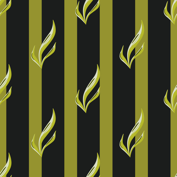 Algas marinhas padrão sem costura em fundo listrado verde preto. Modelos de flora marinha para tecido. Desenho ilustração vetorial. Para estampas têxteis sazonais, banners, cenários e papéis de parede. - Vetor, Imagem