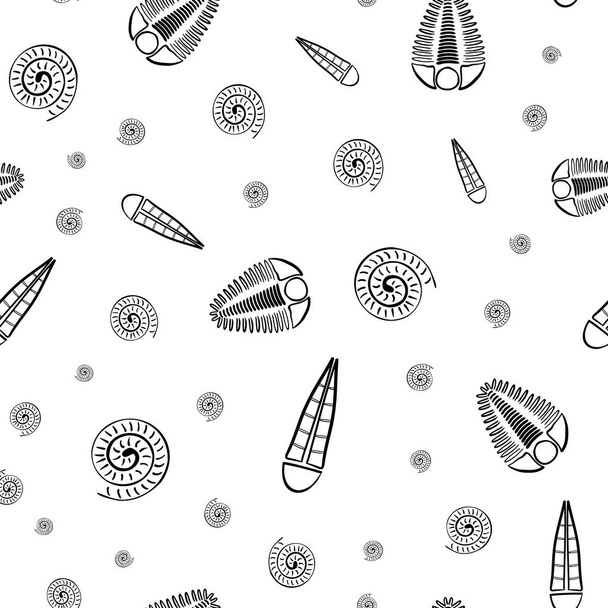 Ammonite trilobite haplophrentis vettore sfondo modello senza soluzione di continuità. Guscio disegnato a mano cefalopodi, artropodi, fossili di hyolithis costolette Predatori marini estinti e alimentatori di filtri. Per la storia naturale - Vettoriali, immagini