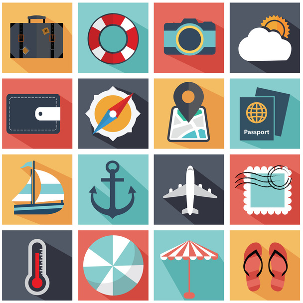 Modern flat icons collection with long shadow in colors of traveling - Vector, Image