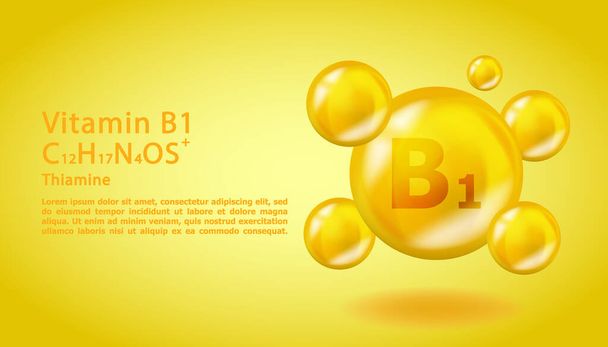 3Dビタミン分子B1チアミンデザイン。現実的なB1チアミンビタミンドロップ。黄栄養複合イラスト. - ベクター画像