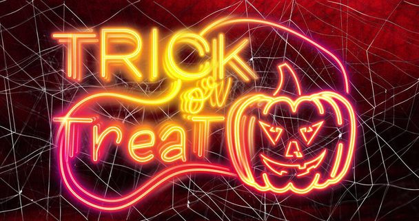 Trick or treat neon text banner with pumpkin icon against spider web on red background. halloween festivity and celebration concept - Photo, Image