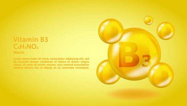 3D molecola di vitamina B3 disegno niacina. Realistico B3 Niacina goccia di vitamina. Illustrazione complessa nutrizione gialla. - Vettoriali, immagini