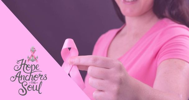 Composite image of woman with breast cancer awareness ribbon and slogan. breast cancer awareness campaign and vector concept. - Foto, Imagem