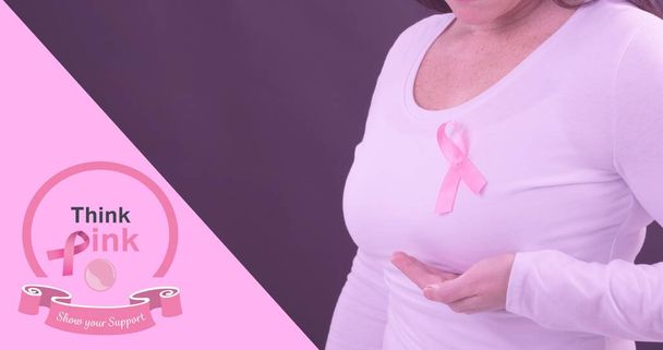 Composition of woman with breast cancer awareness slogan and ribbon on purple background, copy space. breast cancer awareness campaign and vector concept. - Fotografie, Obrázek
