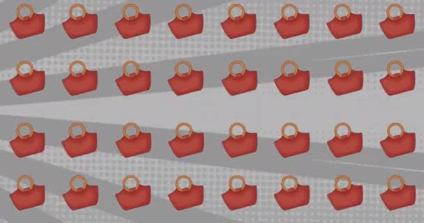 Animation of pink tote handbags repeated and moving over rotating grey striped background. fashion, social network and digital interface concept digitally generated video. - Filmati, video