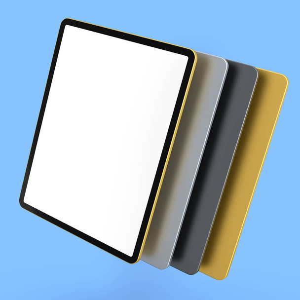 Set of computer tablets with cover case and blank screen isolated on blue. - Φωτογραφία, εικόνα