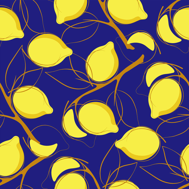 Lemon with leaves on blue background. Seamless pattern. Outline doodle, cartoon flat style. Abstract vector illustration. - Vector, Image