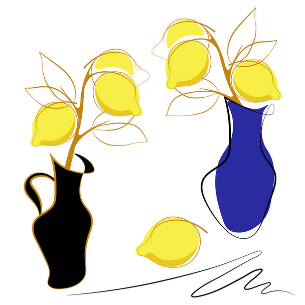 Abstract branch of lemon with leaves in vase. Outline doodle, cartoon flat style. Vector illustration. - Vector, Image