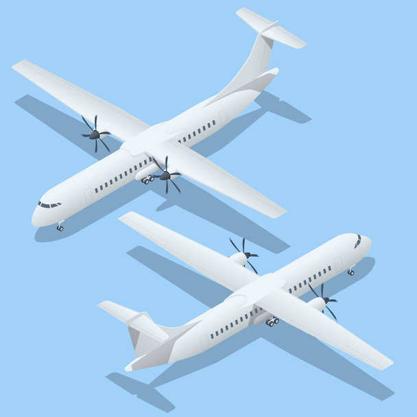 Isometric Airplanes on Blue Background. Turboprop Regional airliner. Industrial Blueprint of Airplane. Airliner ATR 42 in Top - Vektör, Görsel
