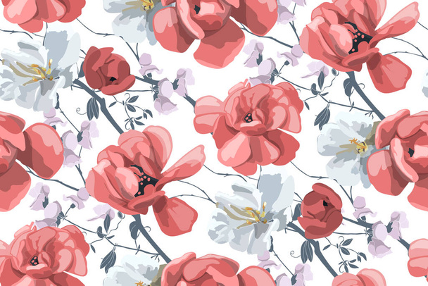 Vector floral seamless pattern. Beautiful gray-white and red flowers on a white background. - Vettoriali, immagini