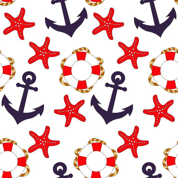 Seamless marine pattern, anchor, lifebuoy and starfishes on a white background. Blue-red colors. Textiles, paper. - Vector, afbeelding