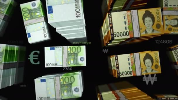 Euro en Zuid-Korea wonnen geld wisselen. Papieren bankbiljetten pakken bundel. Concept van handel, economie, concurrentie, crisis, conflict, rivaliteit en financiën. Opmerkingen loopable naadloze 3d animatie. - Video