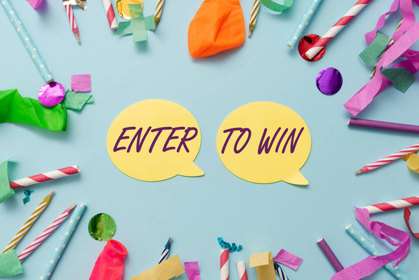 Text caption presenting Enter To Win. Business idea exchanging something value for prize chance winning prize Colorful Party Collections Flashy Celebration Stuff Birthday Festival Kit - Photo, image