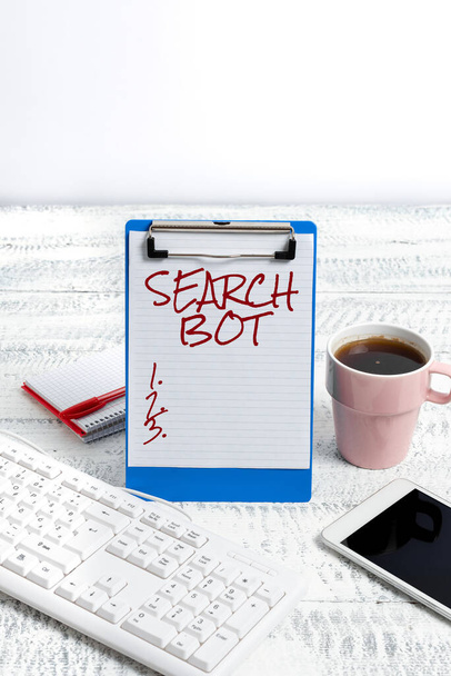 Conceptuele weergave Search Bot. Zakelijke aanpak een programma dat geautomatiseerde taken uitvoert via het internet of het netwerk Typ nieuwe ideeën Business Planning Idee Voice And Video Calls - Foto, afbeelding