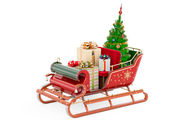 Weihnachtsmann-Schlitten voller Geschenke mit Weihnachtsbaum. 3D-Rendering isoliert auf weißem Hintergrund - Foto, Bild