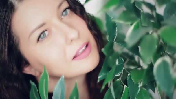 Bellezza viso ritratto di giovane bruna sorridente con gli occhi blu, bella donna in natura, viaggi estivi e umore tropicale - Filmati, video