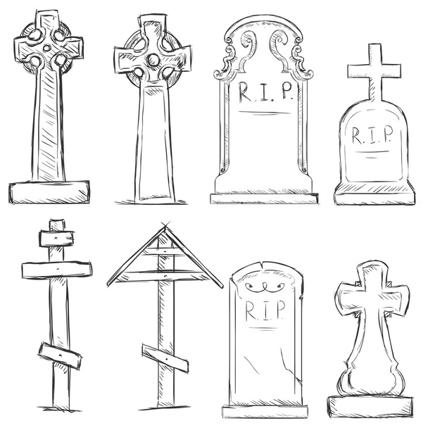 Vector Set of Sketch Cemetery Tombstones - Vector, Image