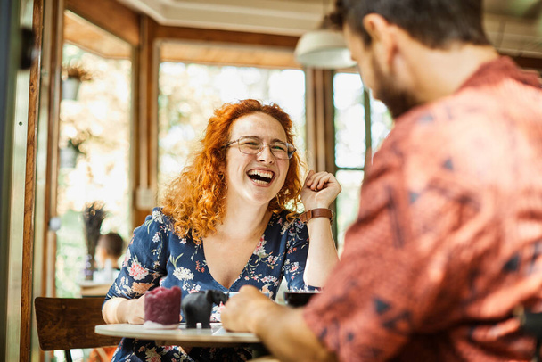 fun woman man couple cafe lifestyle happy together smiling love cheerful coffee shop - Photo, Image