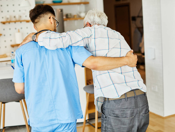 nurse doctor senior care caregiver help assistence walking cane stick retirement home nursing support man - Foto, afbeelding