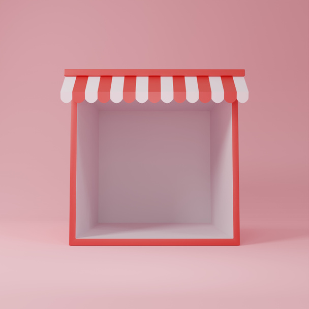 Lege mock up display kiosk winkel front box met gestreepte luifel product tentoonstelling showcase stand voor reclame 3D rendering illustratie - Foto, afbeelding