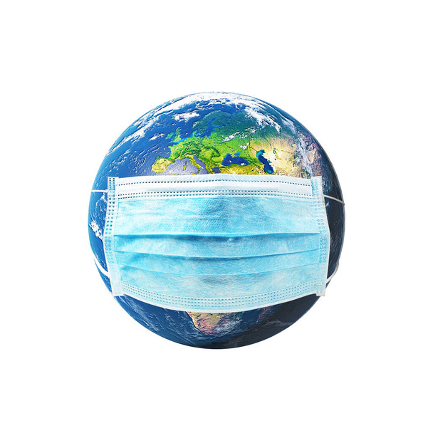 COVID-19, Reise- und Sicherheitskonzept, Globus in medizinischer Maske. Planet Erde mit Schutz. Elemente des Bildes, das von der NASA geliefert wurde. 3D-Illustration - Foto, Bild