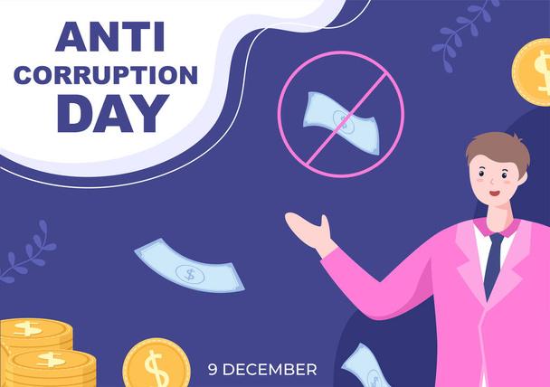 Anti-corruptiedag die elke 9 december wordt gevierd om het publiek te laten stoppen met het geven van geld met een verbod Inloggen Flat Design Illustration - Vector, afbeelding
