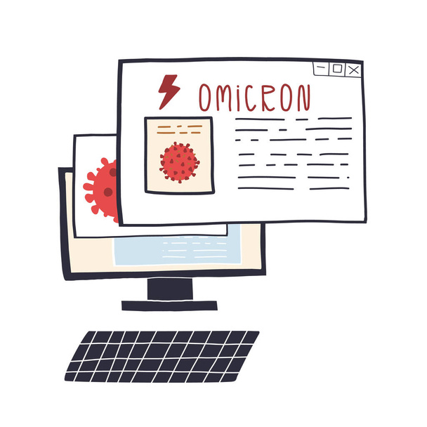 PC näytön avoin web-sivuja Omicron Coronavirus kanta tuoreita uutisia ja tieteellisiä artikkeleita. - Vektori, kuva