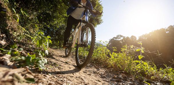 Žena na kole v lese východ slunce - Fotografie, Obrázek