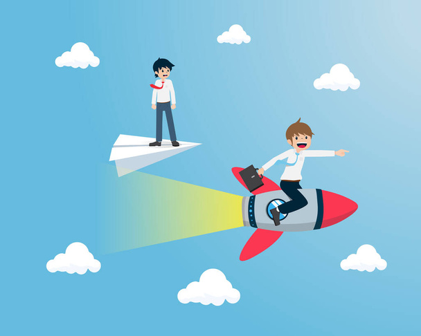 Salary man stands on a paper plane is overtaken by competitor sitting on the Rocket. If we don't have a plan And not ready to prepare Will to make you lose - Wektor, obraz