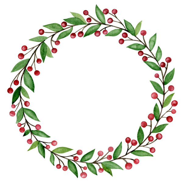 Rustic Christmas watercolor wreath. Hand drawn farmhouse door hanger illustration. - Photo, Image
