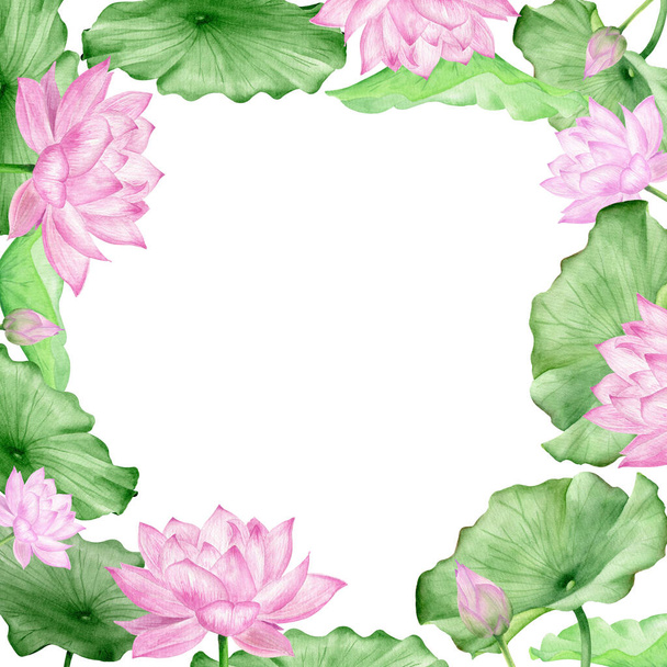 Pink Lotus flowers oriental style watercolor frame - Foto, Imagem