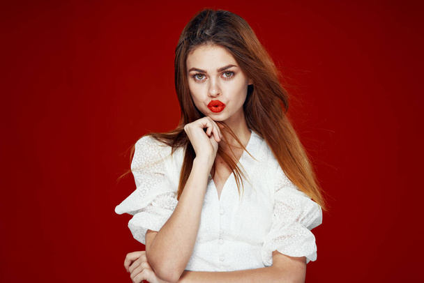 attractive woman red hair red lips posing glamor - Φωτογραφία, εικόνα