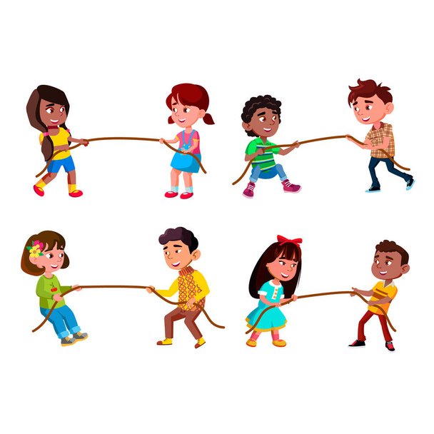 Ragazzi e ragazze bambini tirando corda insieme vettoriale - Vettoriali, immagini