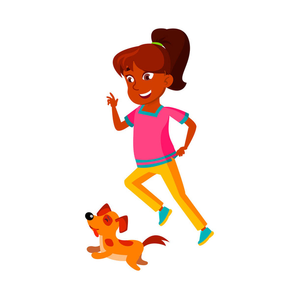 Colegiala corriendo con perro animal al aire libre vector - Vector, Imagen