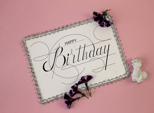 postcard , Internet banner , flat lay with a birthday greeting, with the inscription - happy birthday - Foto, afbeelding