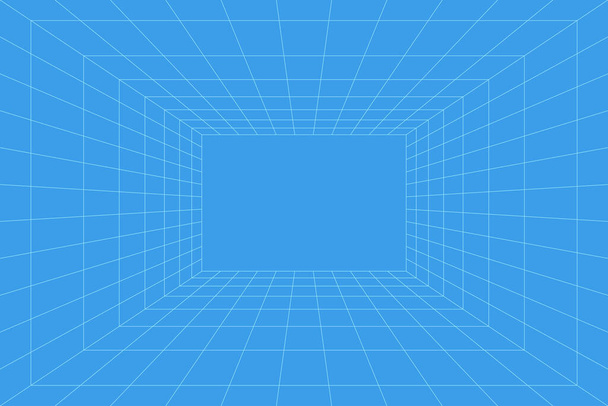 Net kamer in perspectief, vector illustratie in 3D-stijl. Binnenbedrading van blauwe lijnen, sjabloon binnenplein, digitale lege doos. Minimaal achtergrondontwerp - Vector, afbeelding