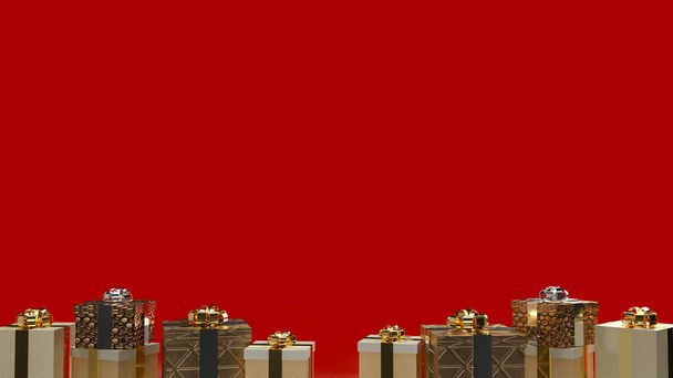 kulta lahjapaketti punaisella taustalla juhla tai loma konsepti 3d renderöinti - Valokuva, kuva