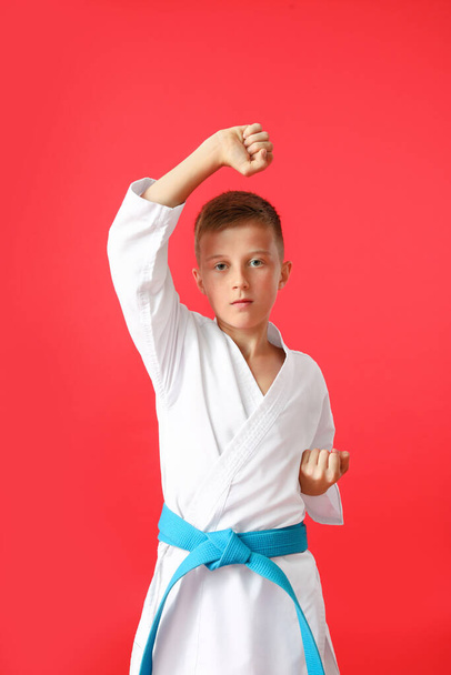 Маленький хлопчик практикує карате на кольоровому фоні
 - Фото, зображення