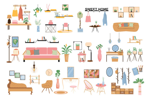 Interior and decor isolated elements set. Collection of sofa, armchair, lamp, tables, plants, carpets, chairs, shelves and other. Living room compositions. Vector illustration in flat cartoon design - Vector, Image